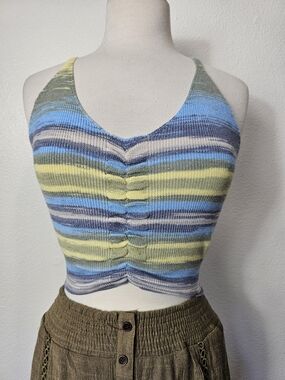 Striped Blue and Yellow Knit Crop Halter Top